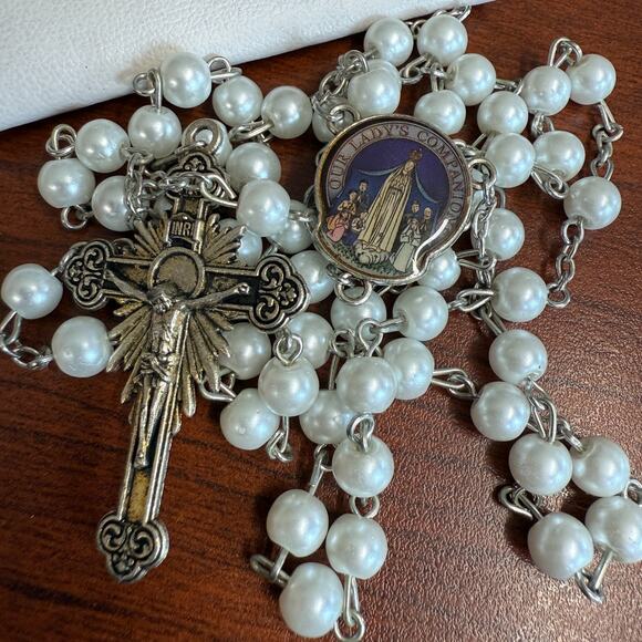 Fatima Rosary Crucifix INRI Jesus Faux Pearl Beads Catholic Christian w/Bag 21" - Picture 2 of 10